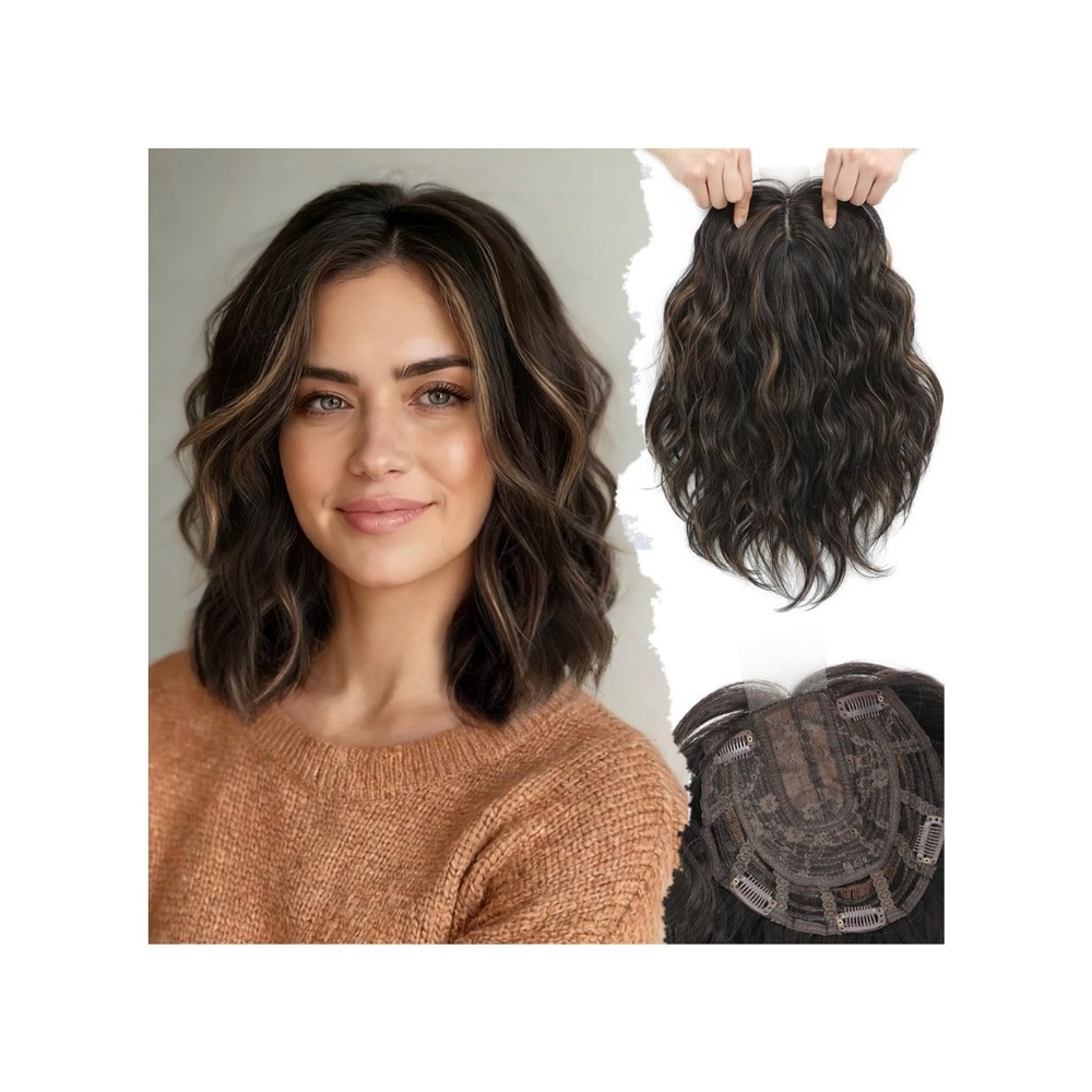 11" Short Wavy Hair Topper Synthetic Hairpiece Brown Highlight 6.5x6.5 Base